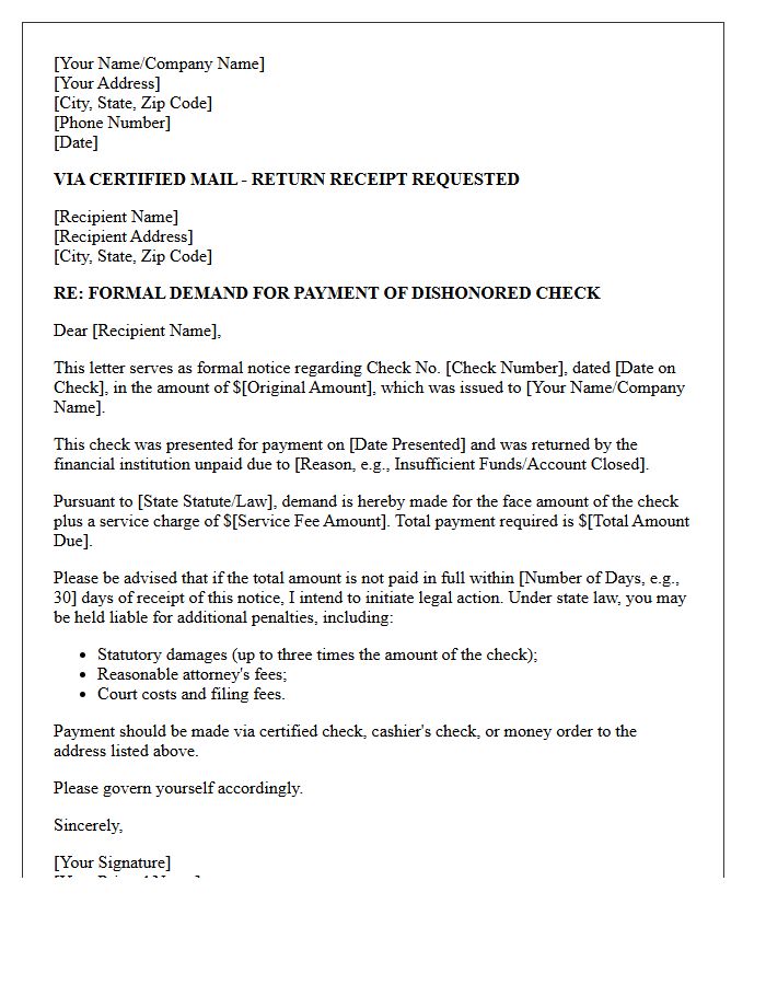 Pre-Litigation Letter for Dishonored Check Penalties