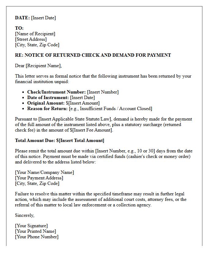 Returned Instrument and Statutory Surcharge Demand Letter