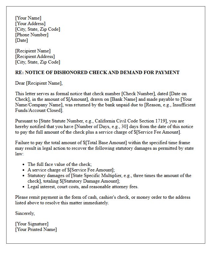 State Specific Statutory Damages Bounced Check Letter