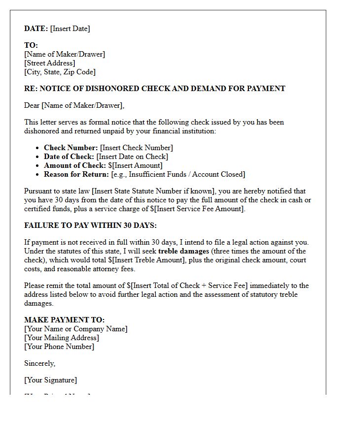 Statutory Treble Damages Dishonored Check Demand Letter