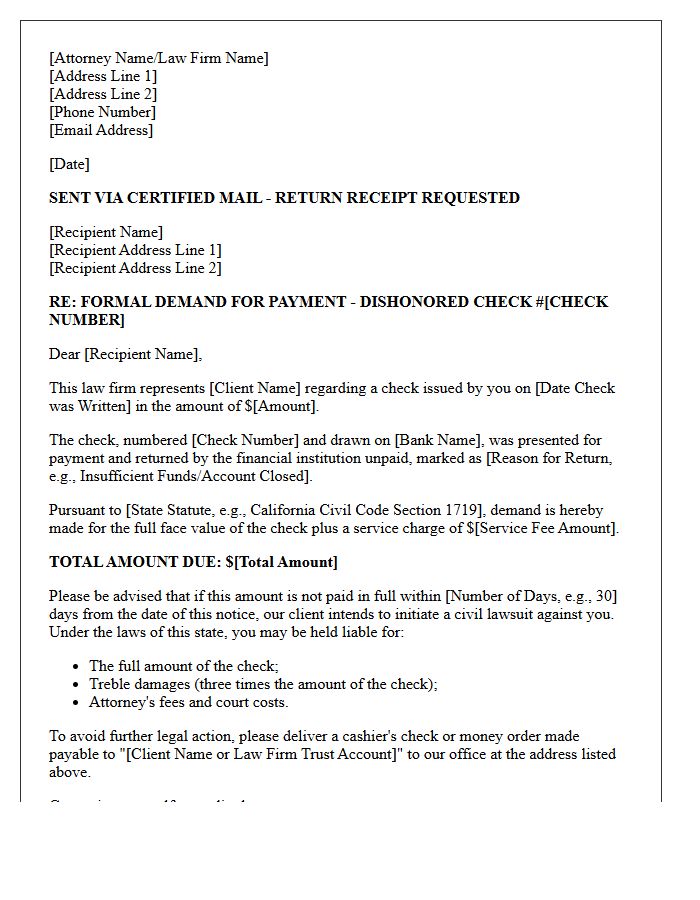 Attorney Demand and Intent to Sue for Dishonored Check Letter