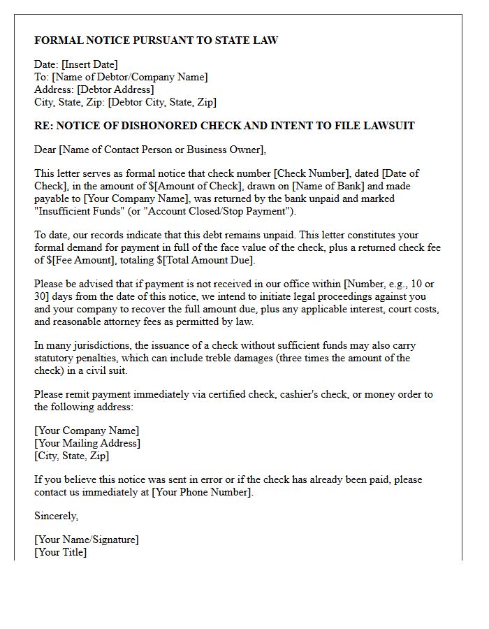 Commercial Debt Collection Intent to Sue for Dishonored Check Letter
