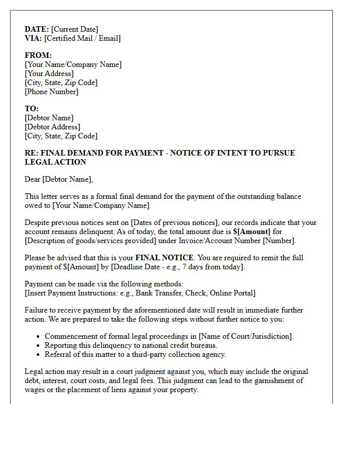 Debt Collection Final Demand and Legal Action Intent Letter