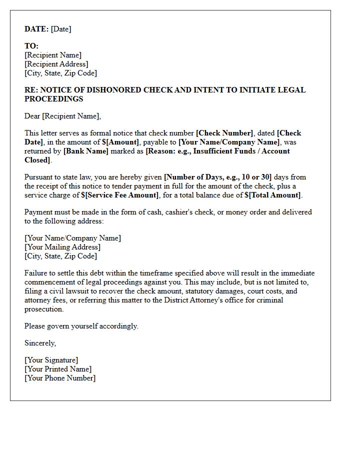 Dishonored Check Legal Proceeding Notification Letter