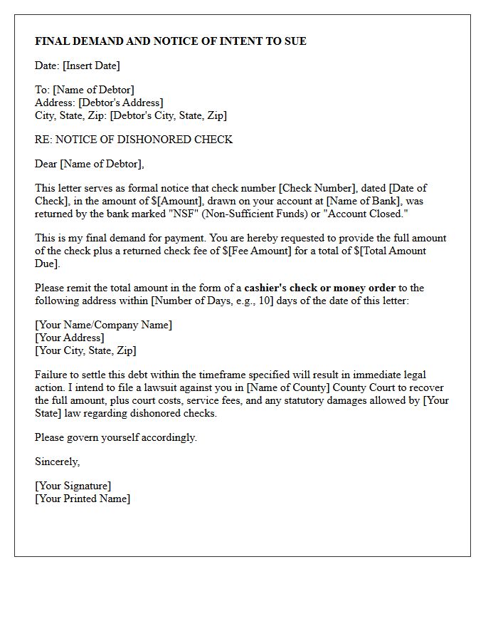 Final Demand and Intent to Sue for Bounced Check Letter