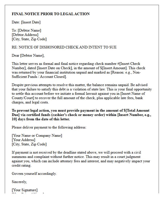 Final Notice of Pending Lawsuit for Returned Check Letter