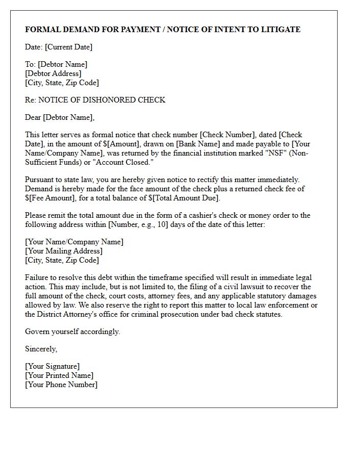 Formal Debt Collection Intent to Litigate Dishonored Check Letter