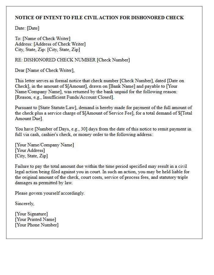 Notice of Intent to File Civil Action for Dishonored Check Letter