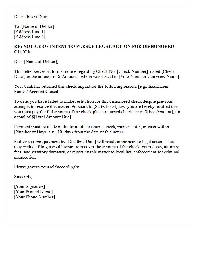 Notice of Intent to Pursue Legal Action for Dishonored Check Letter