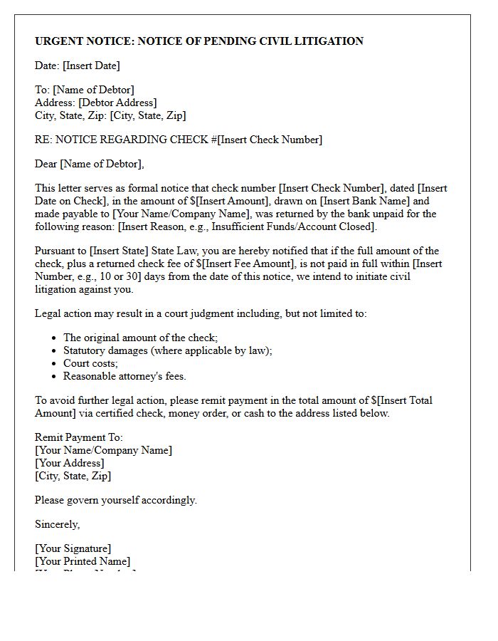 Notice of Pending Civil Litigation for Returned Check Letter