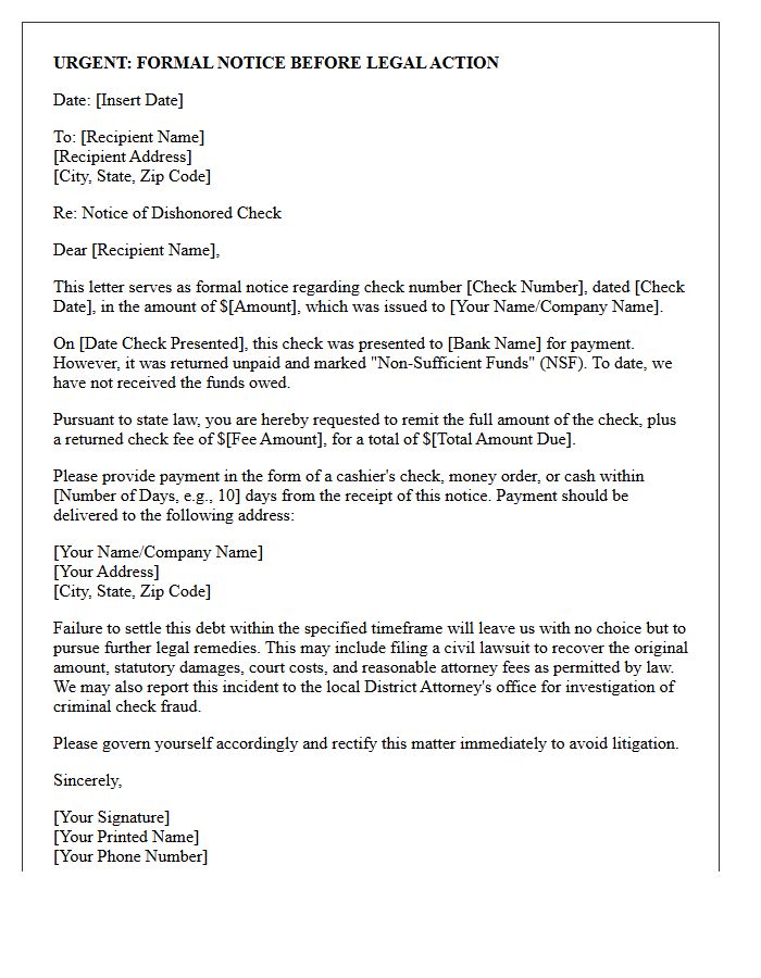 Pre-Litigation Warning for Non-Sufficient Funds Check Letter