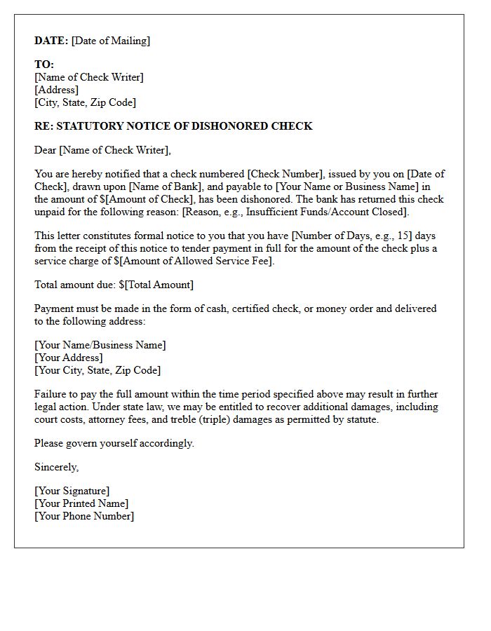 Statutory Notice of Dishonored Check Legal Action Letter