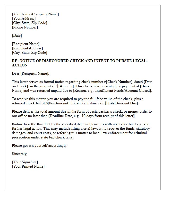 Warning of Legal Action for Unpaid Bad Check Letter