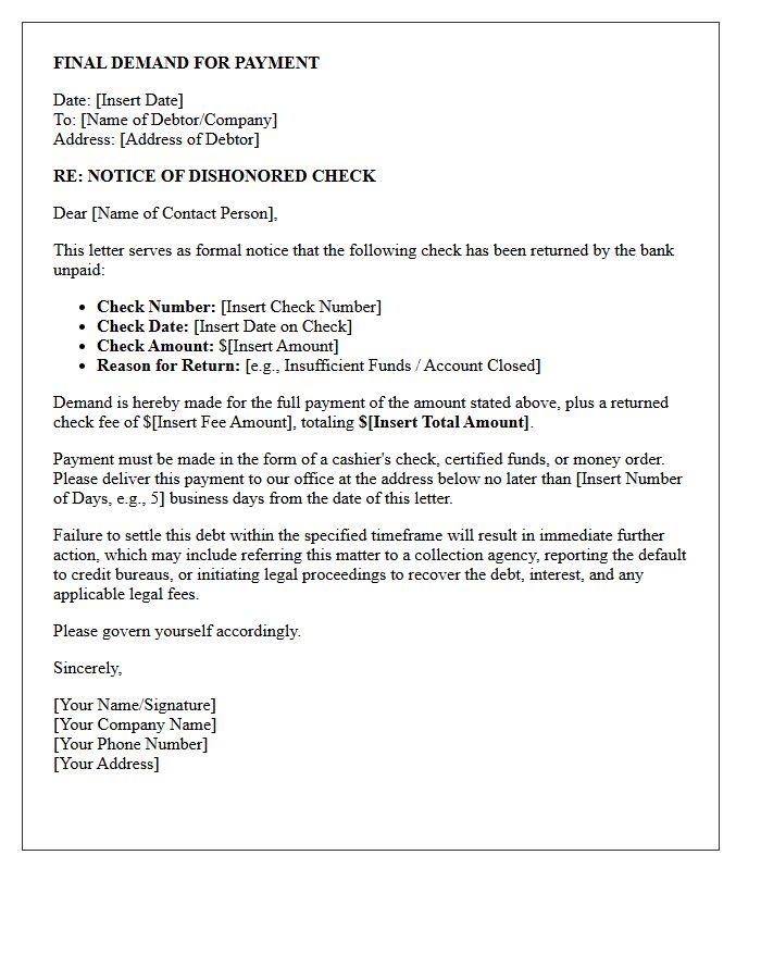 Final Demand Letter for Dishonored Commercial Check