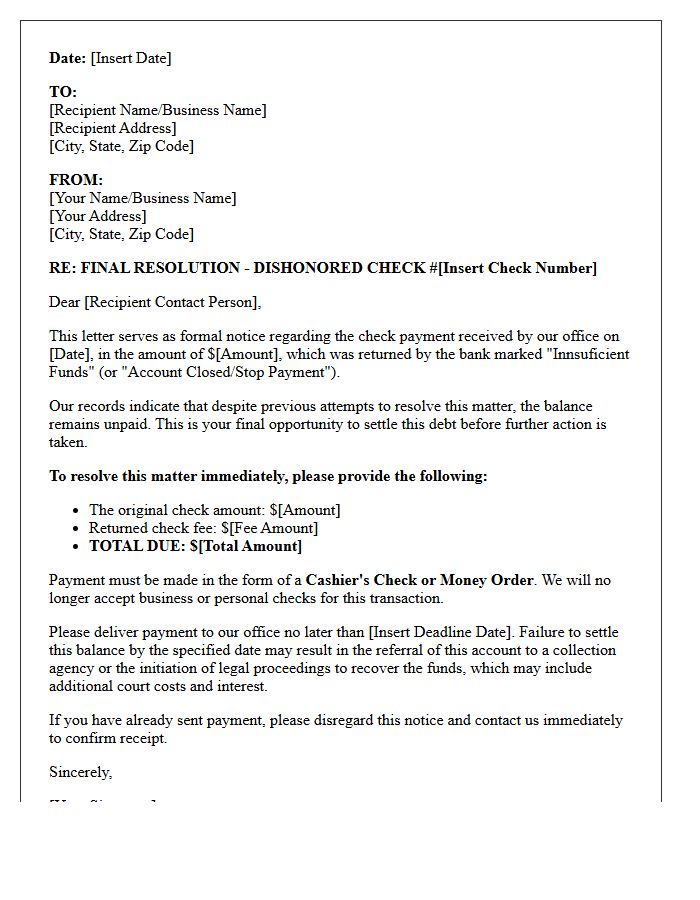 Final Resolution Letter for Dishonored Business Check