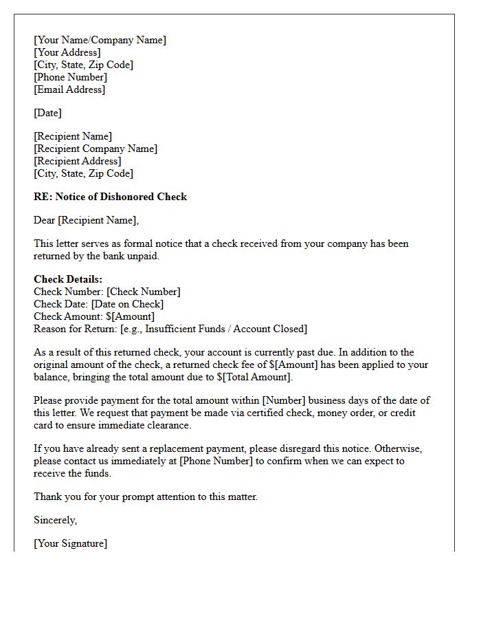 First Notice of Dishonored Business Check Letter