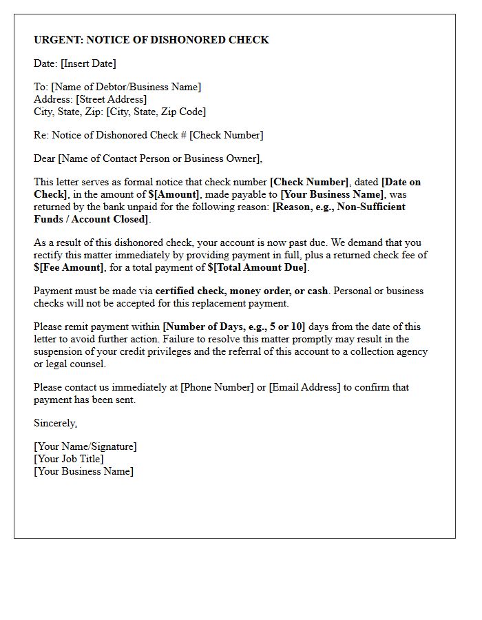 Immediate Action Letter for Dishonored Business Check