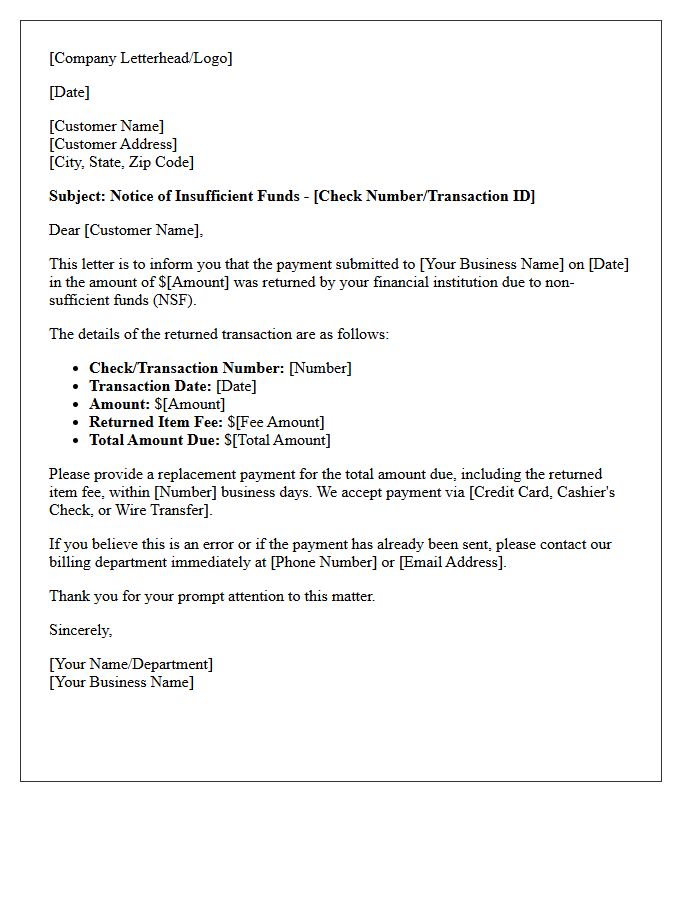 Insufficient Funds Notice Letter for Business Account