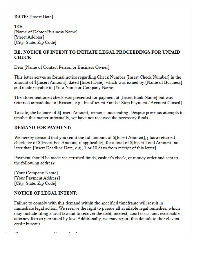 Legal Intent Letter for Unpaid Commercial Check