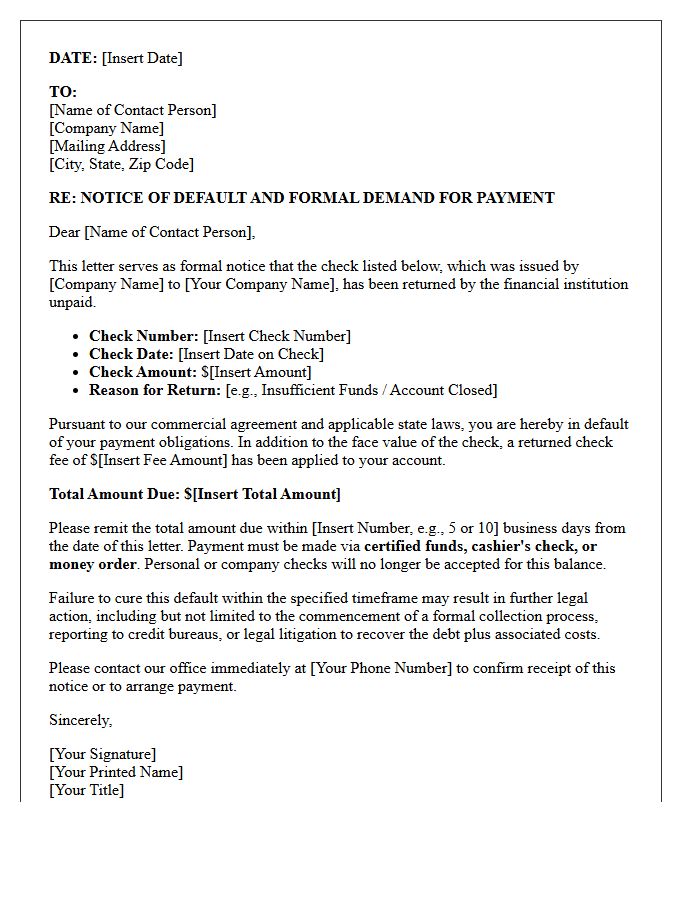 Notice of Default Letter for Returned Commercial Check