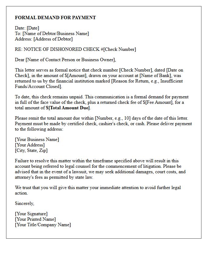 Pre-Litigation Letter for Dishonored Business Check