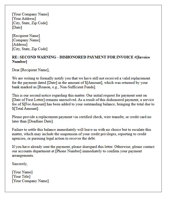 Second Warning Letter for Dishonored Business Payment