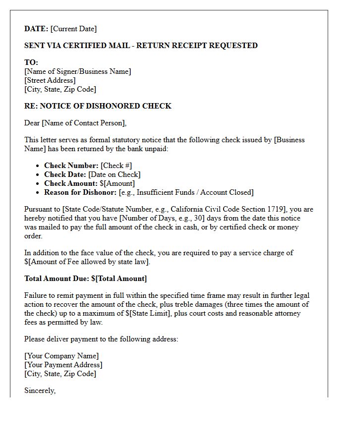 Statutory Notice Letter for Dishonored Business Check