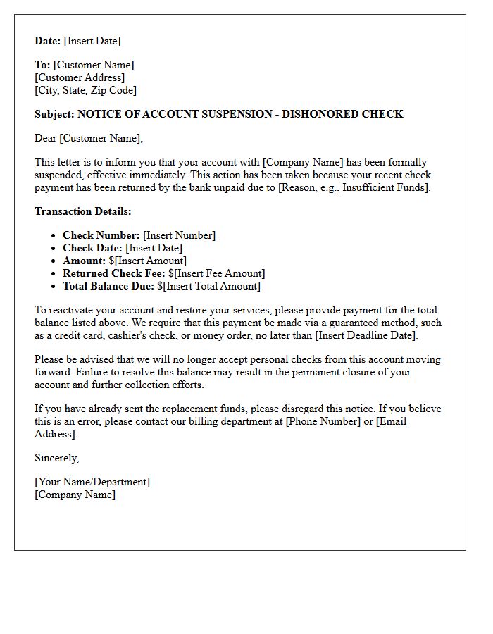Account Suspension Letter Due to Dishonored Check Payment