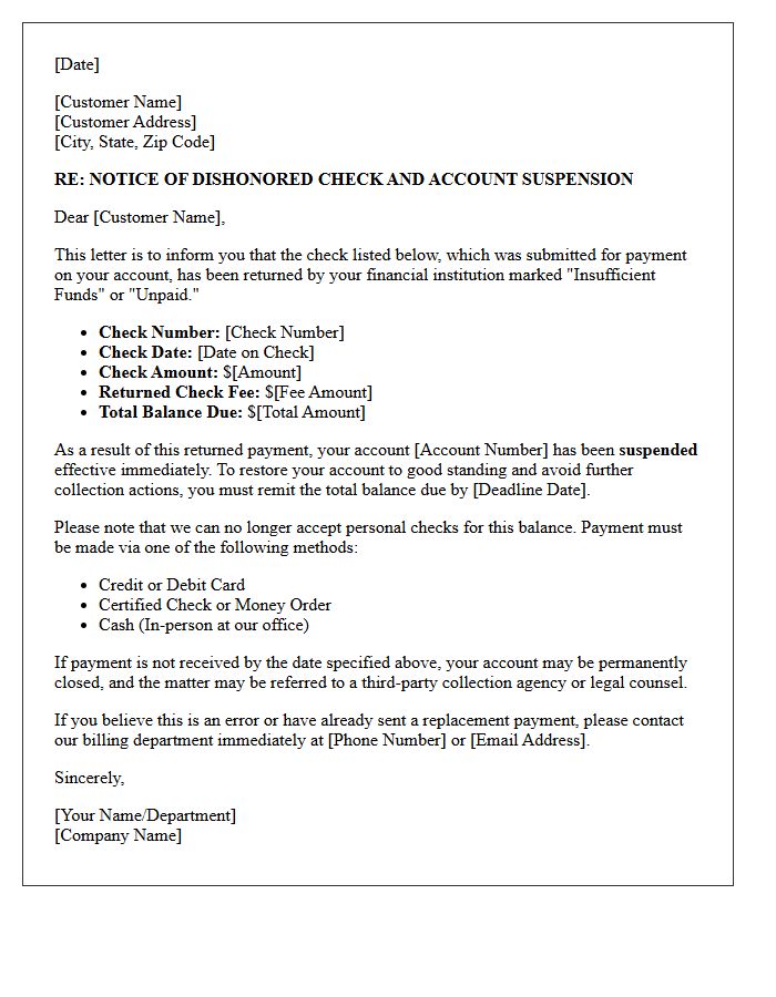 Action Required Letter for Dishonored Check and Account Suspension