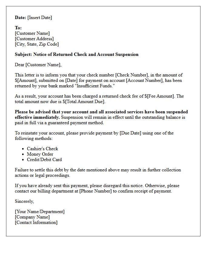 Debt Collection Letter for Returned Check and Account Suspension
