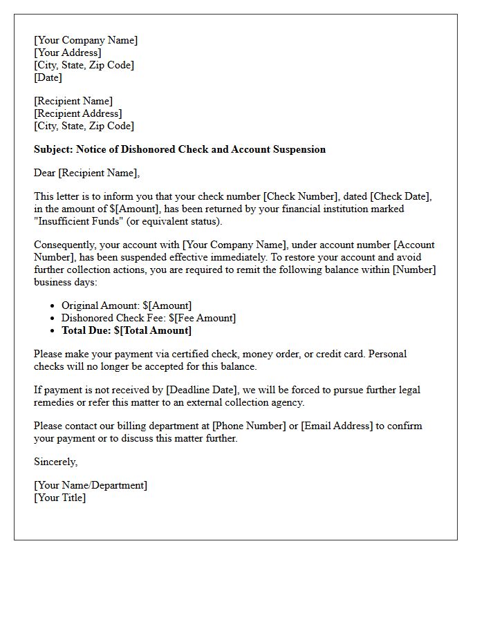 Debt Recovery Letter Regarding Dishonored Check and Account Suspension