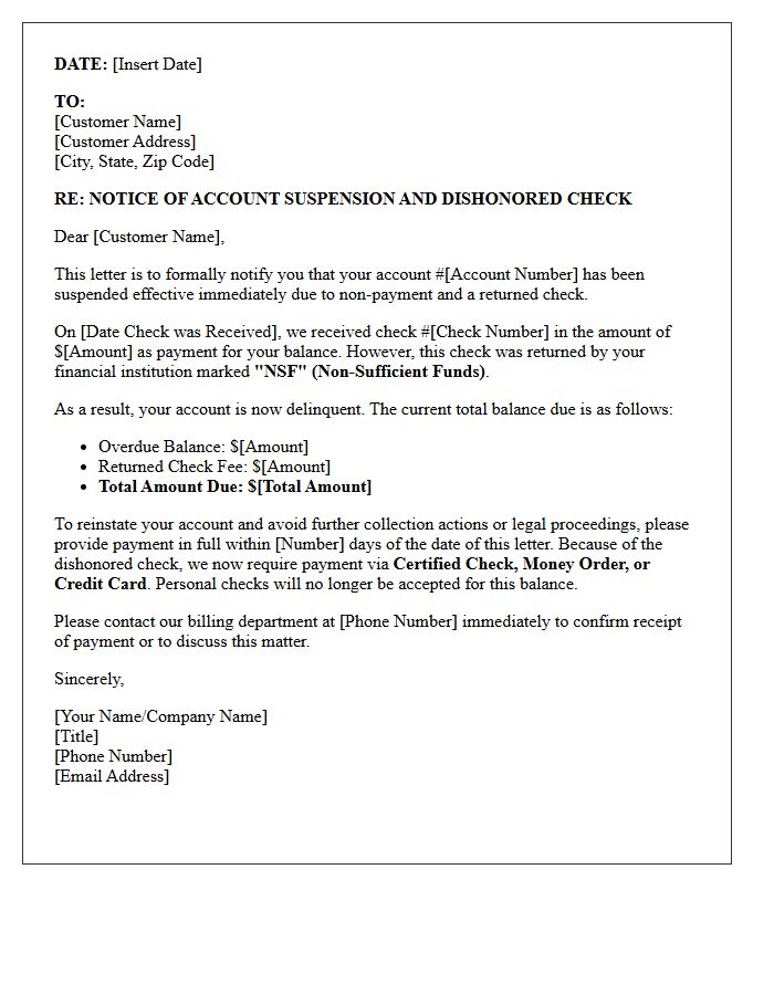 Delinquent Account Suspension and Dishonored Check Warning Letter