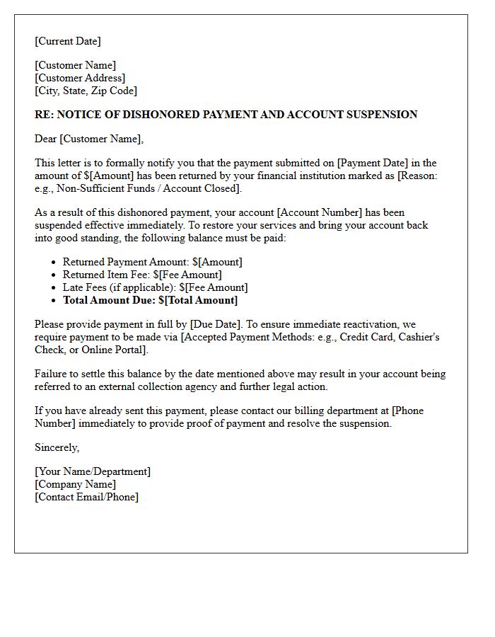 Dishonored Payment Notice and Account Suspension Collection Letter