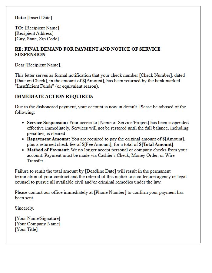Final Demand Letter for Dishonored Check and Immediate Suspension