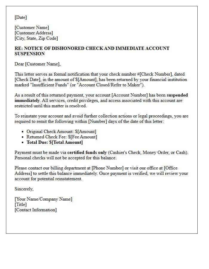 Immediate Account Suspension and Dishonored Check Notification Letter