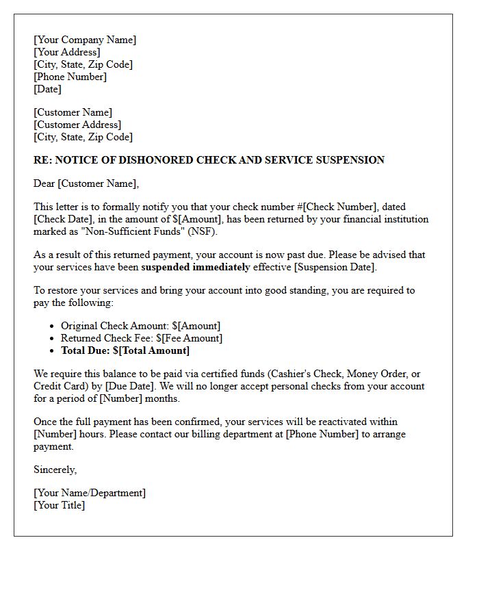 Notice of Bounced Check and Immediate Service Suspension Letter