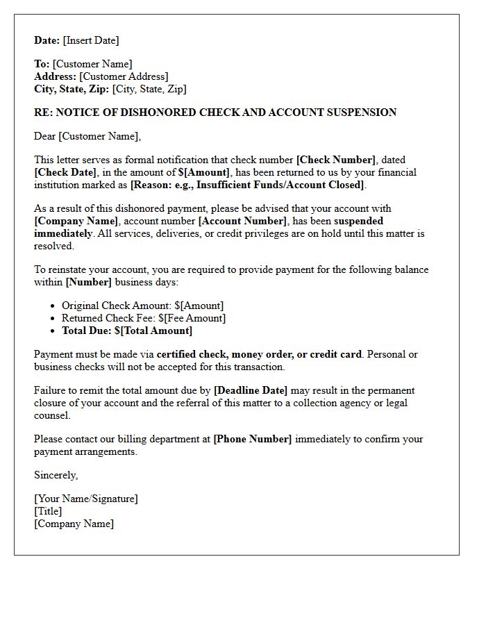 Notice of Dishonored Check and Immediate Account Suspension Letter
