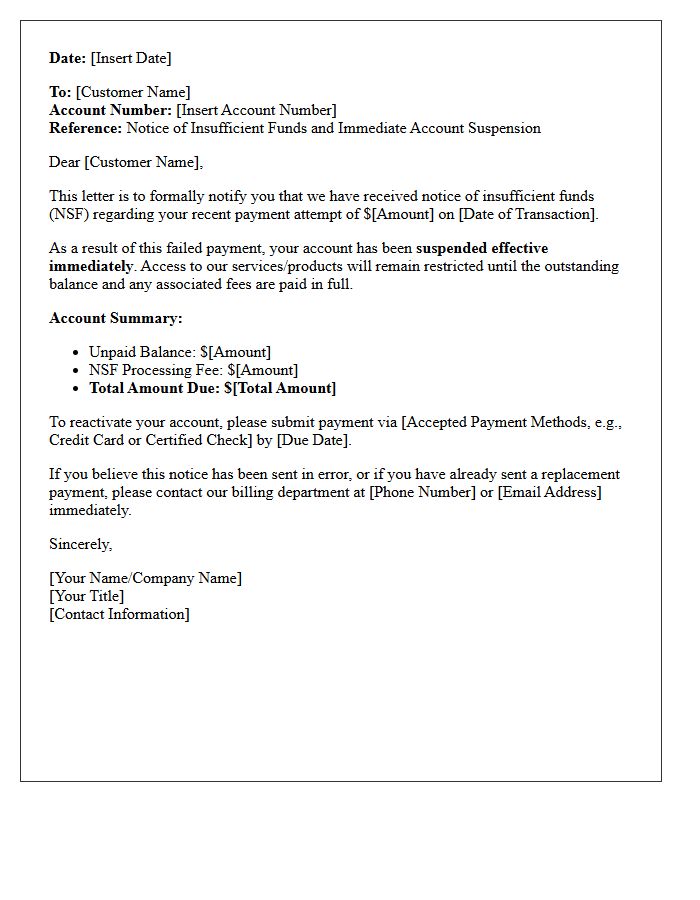 Notice of Insufficient Funds and Immediate Account Suspension Letter