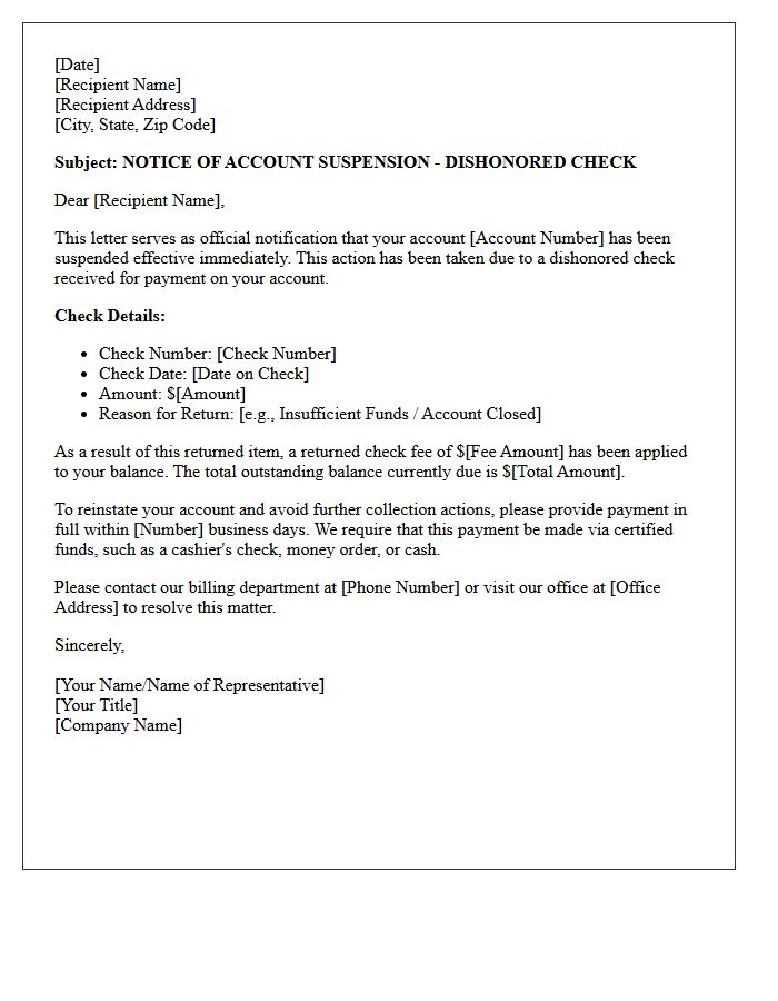 Official Letter of Account Suspension for Dishonored Check