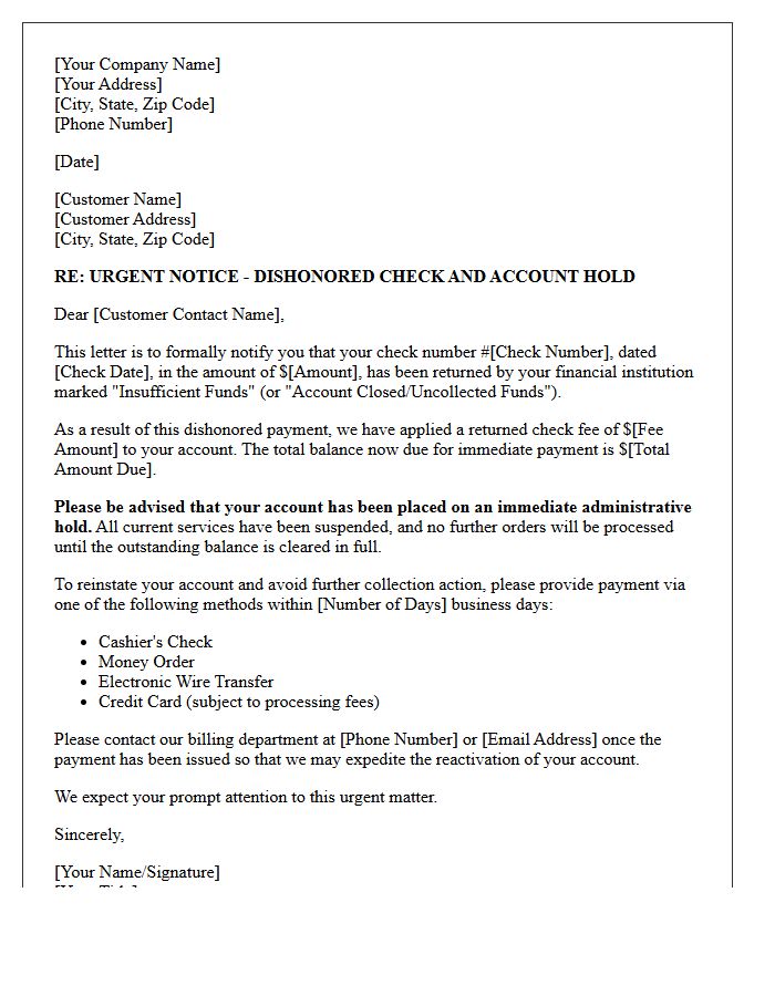 Urgent Collection Letter for Dishonored Check and Account Hold