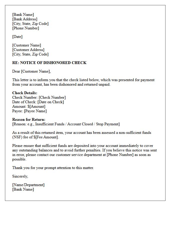 Bank Rejection Notice Letter for Dishonored Check