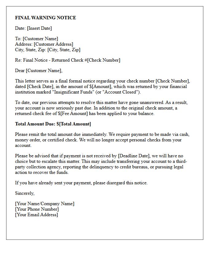 Final Warning Letter for Returned Check Payment
