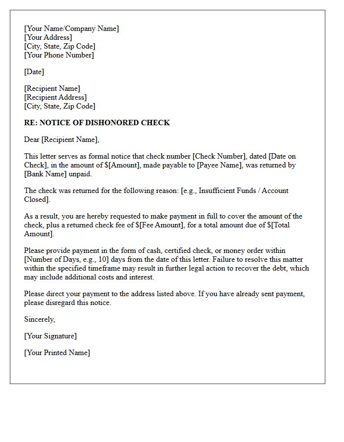 Initial Demand Letter for Dishonored Check