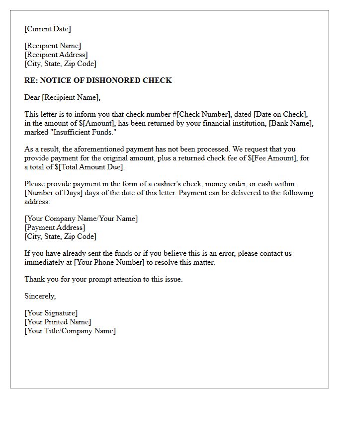 Insufficient Funds Notification Letter for Dishonored Check