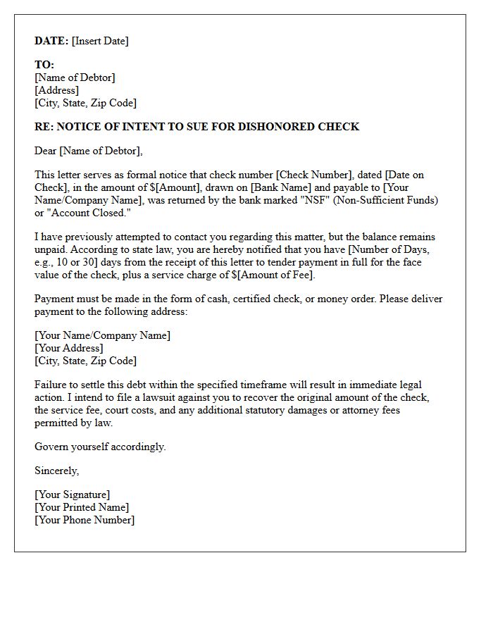 Intent to Sue Letter for Unpaid Dishonored Check