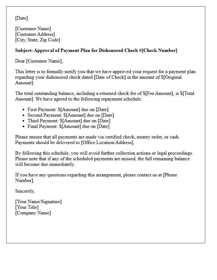 Payment Plan Approval Letter for Dishonored Check