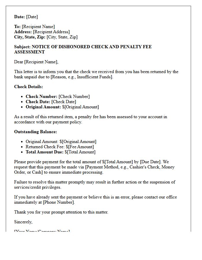 Penalty Fee Assessment Letter for Bounced Check