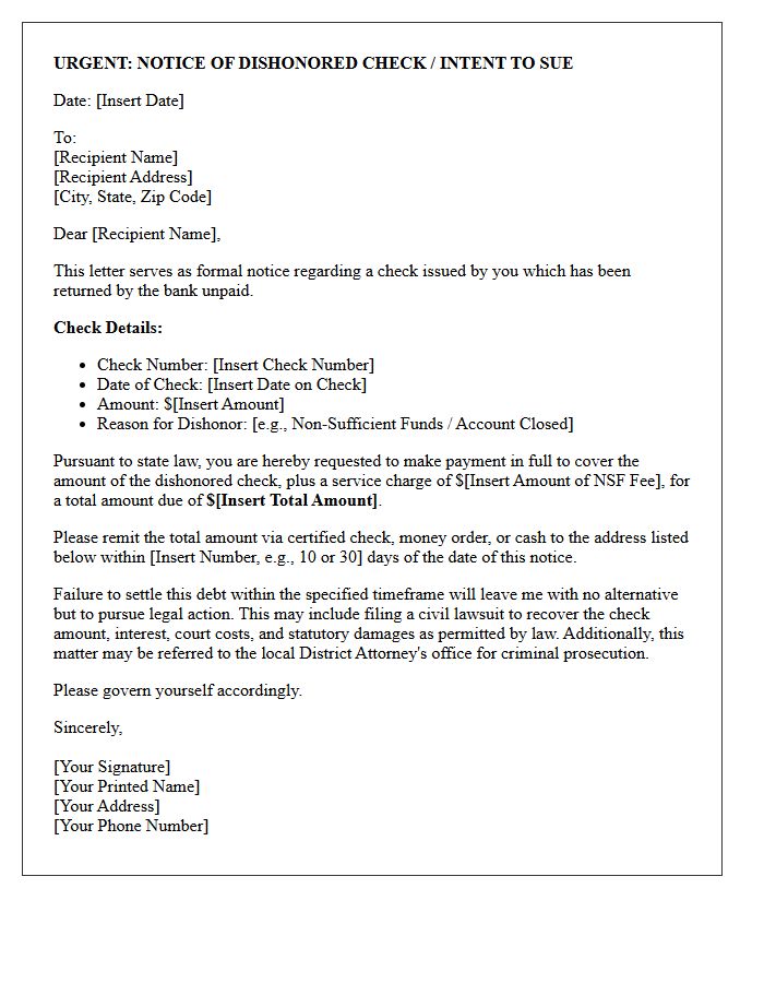Pre-Legal Action Letter for Dishonored Check