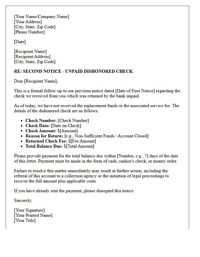 Second Notice Letter for Bounced Check Collection