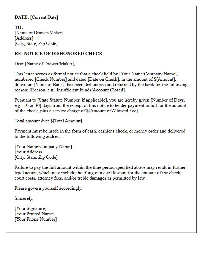 Statutory Notice Letter for Dishonored Check